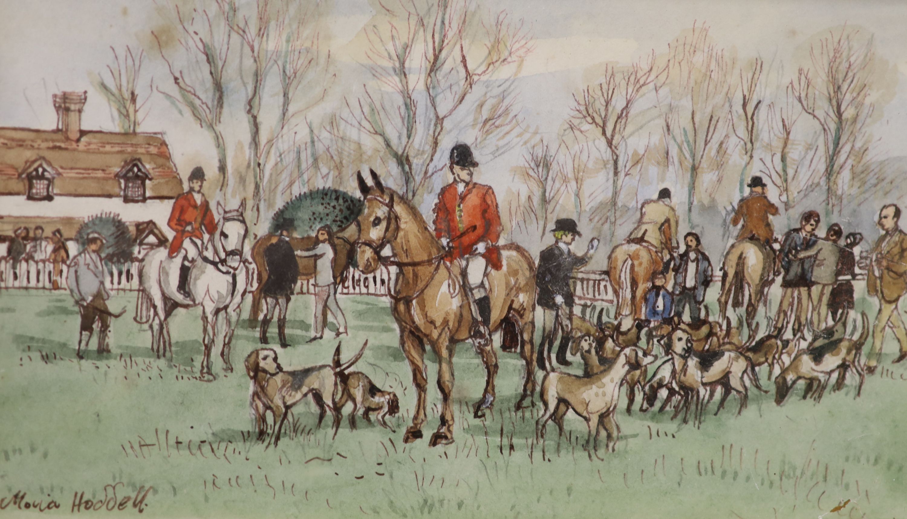 Moira Hoddell, two watercolours, 'The Meet at Offham' and 'Hunting Folk', signed, largest 10 x 17cm